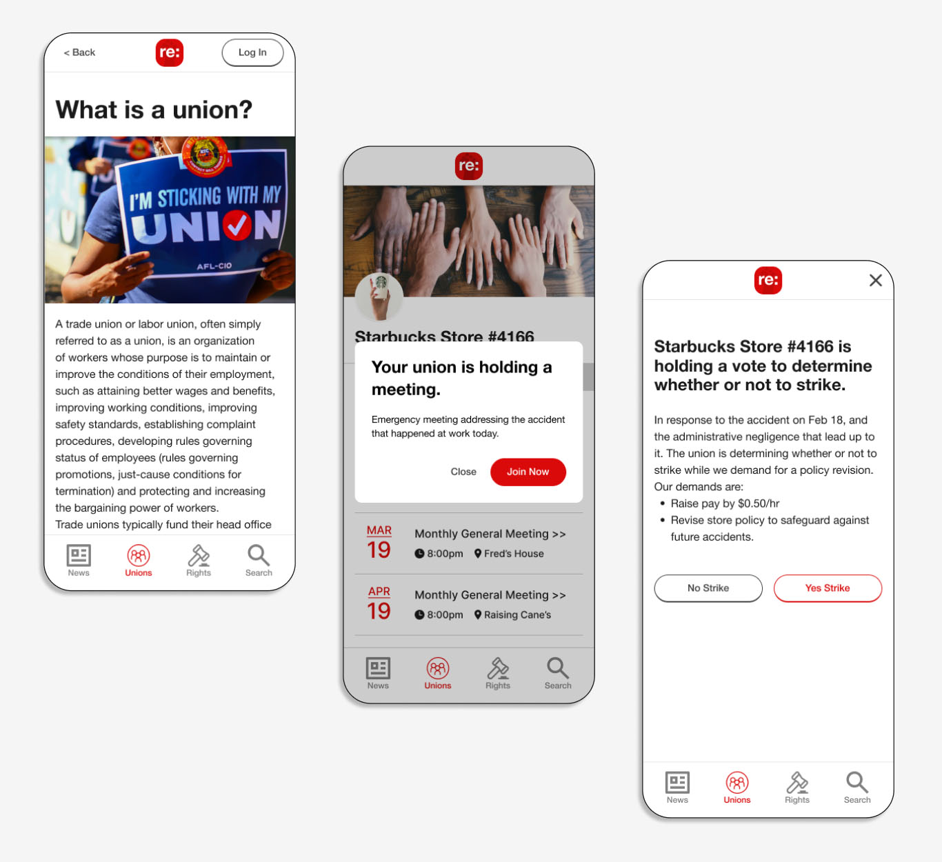 Three re:UNION app screens: a guest explainer defining what a union is, a union page with a pop-up invitation to an emergency meeting, and a strike vote listing the union's demands